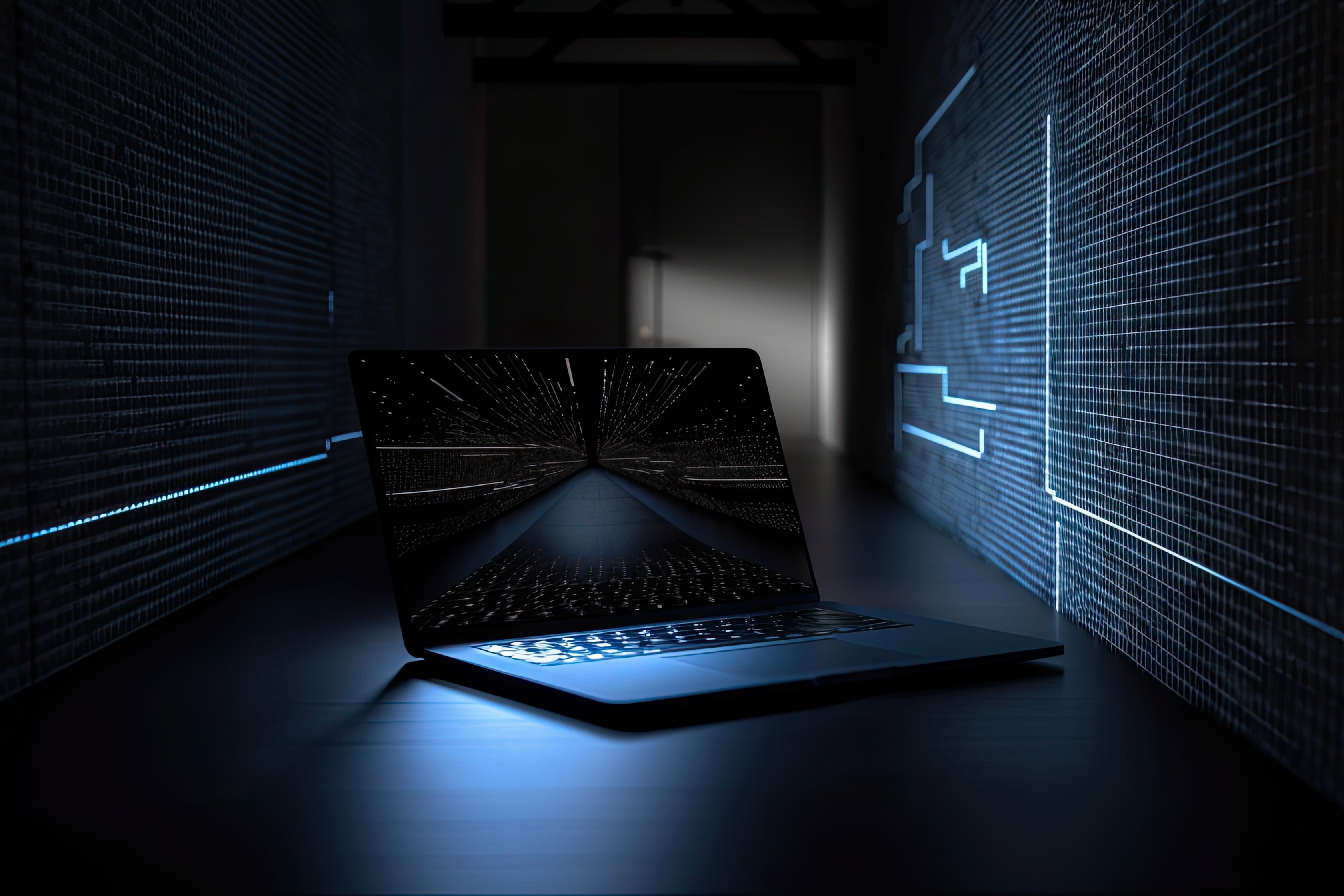 In a dark room with only one light source, an 8K isolated laptop with an abstract screen display is seen (middle). Generative AI